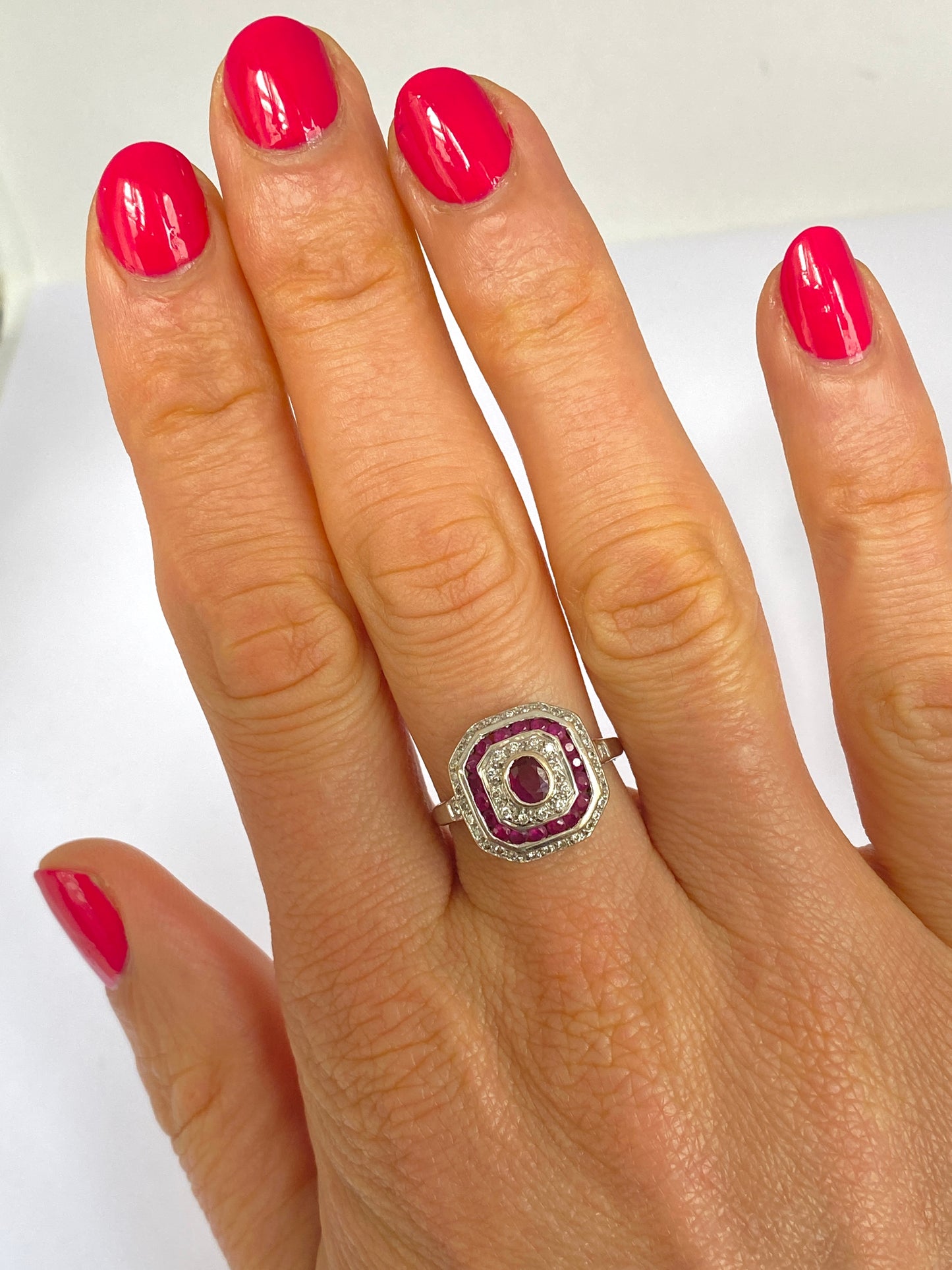 Vintage, Art Deco style, Ruby and Diamond Cluster Ring, Hallmarked 18ct Gold, London, 2003