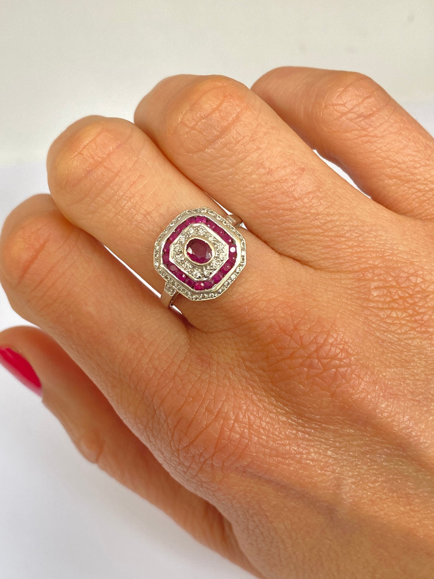 Vintage, Art Deco style, Ruby and Diamond Cluster Ring, Hallmarked 18ct Gold, London, 2003