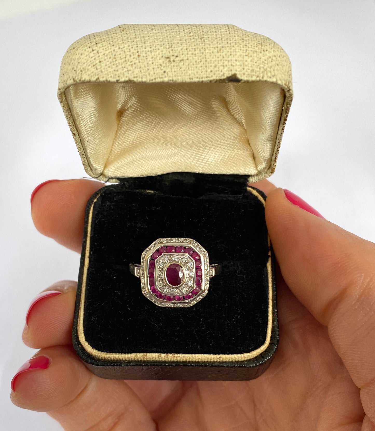 Vintage, Art Deco style, Ruby and Diamond Cluster Ring, Hallmarked 18ct Gold, London, 2003