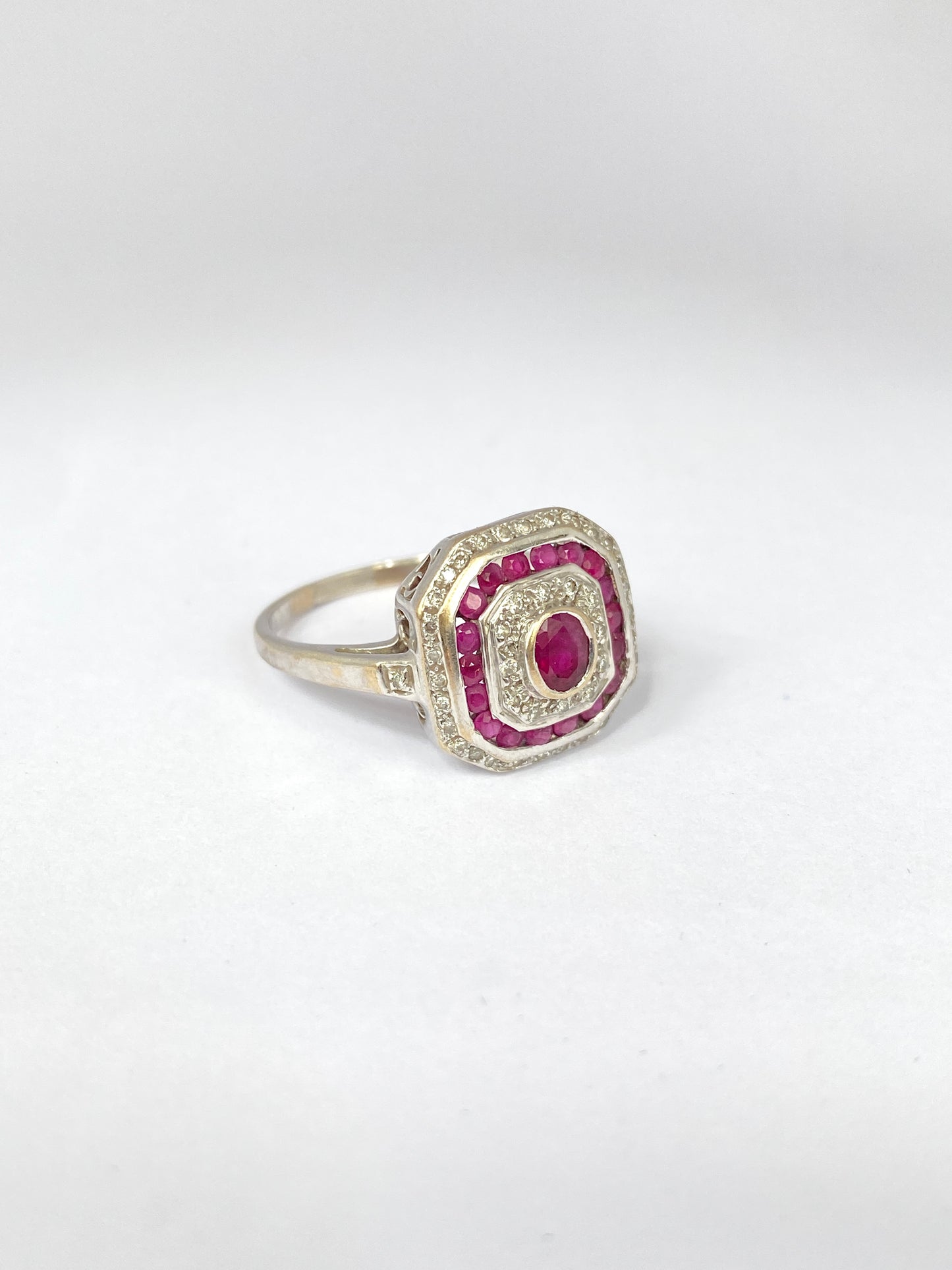 Vintage, Art Deco style, Ruby and Diamond Cluster Ring, Hallmarked 18ct Gold, London, 2003