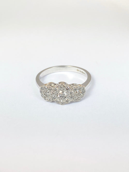 Antique, Art Deco 18ct White Gold Triple Diamond Flower Ring (approx 0.40ct)