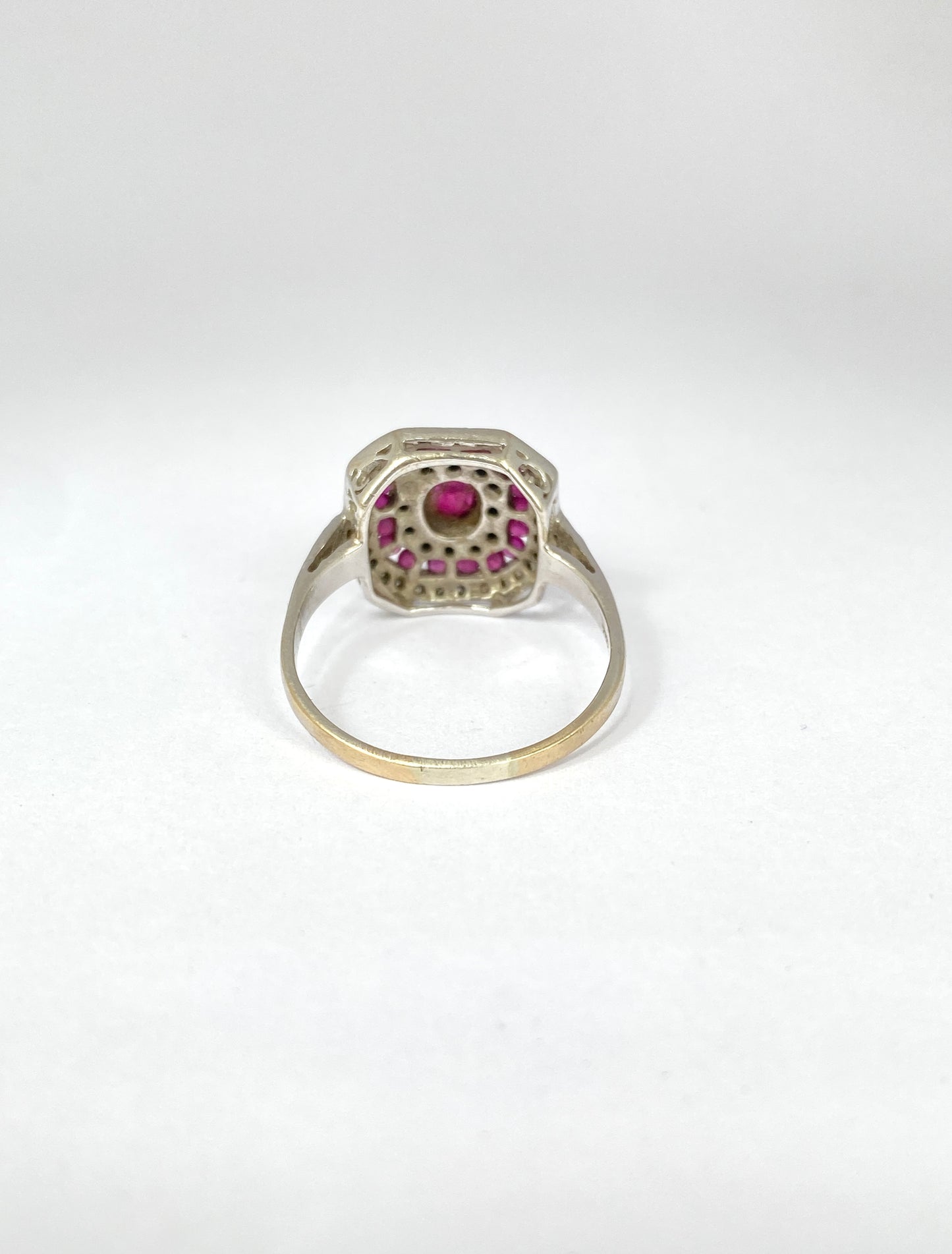 Vintage, Art Deco style, Ruby and Diamond Cluster Ring, Hallmarked 18ct Gold, London, 2003