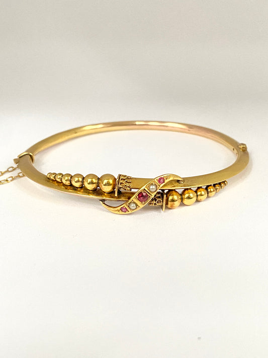 9ct Gold, Victorian, Antique Garnet and Seed Pearl Bangle