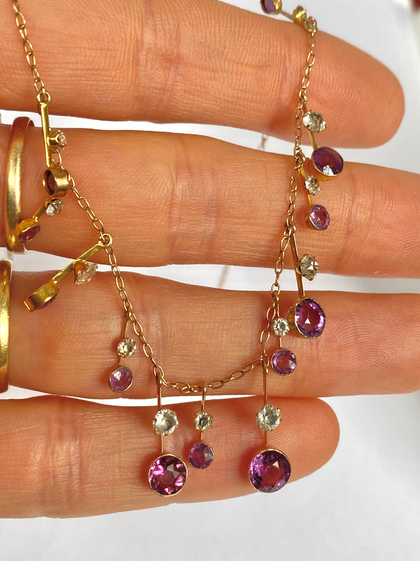 Stunning, Vintage, 9ct Gold, Diamond Paste and Amethyst Paste Fringe Necklace