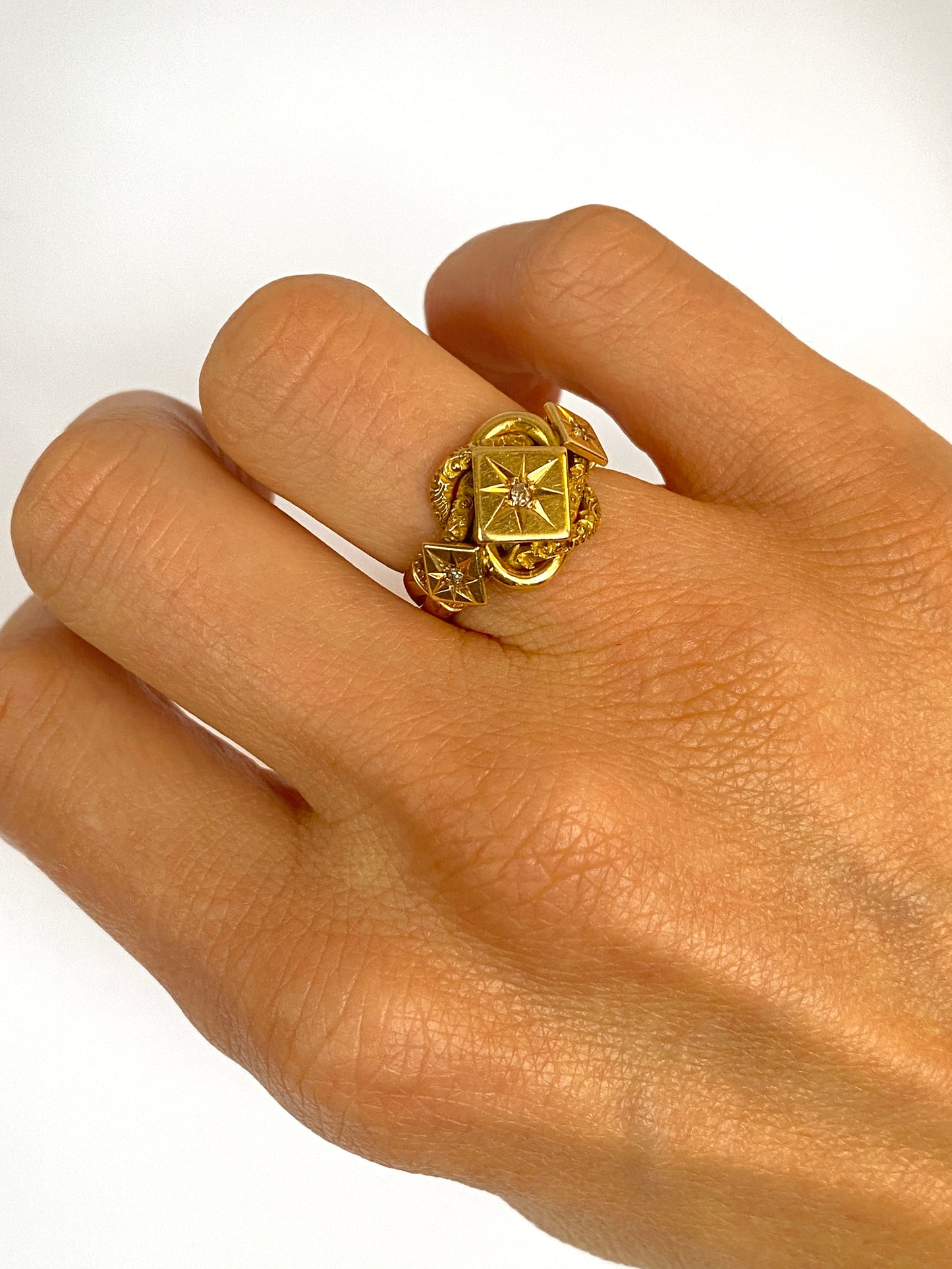 FINAL PAYMENT, 18ct Gold Diamond Lovers Knot Ring featuring, Hallmarked 18ct Gold, London 1918 (7.37g)