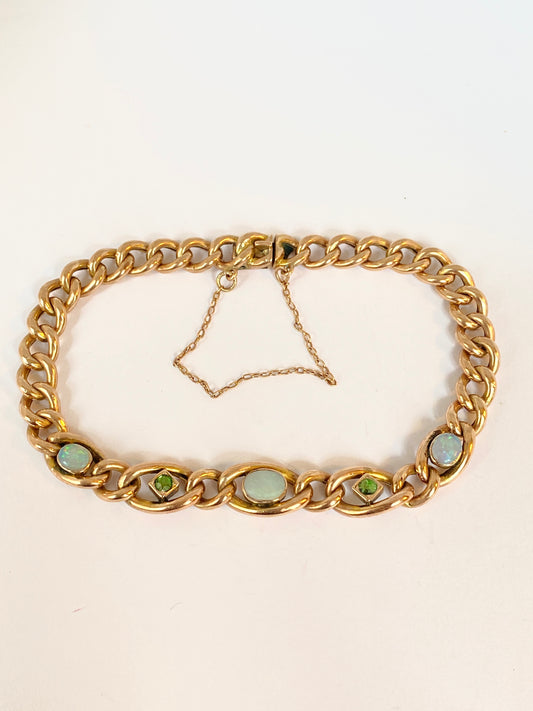 7 inch, Antique 9ct Gold Curb Chain Bracelet with Green (Demantoid) Garnet and Opals (8g)