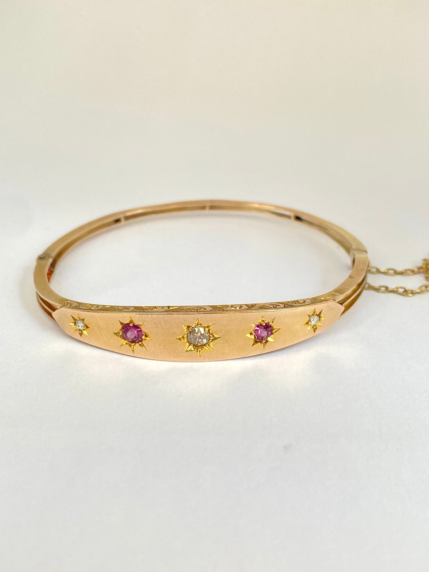 Antique, 9ct Gold, Diamond and Ruby Starburst Bangle, Hallmarked, 9ct Gold, 1899 (7g)