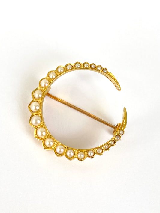 Antique, 15ct Gold Pearl Crescent Moon Brooch/Pin