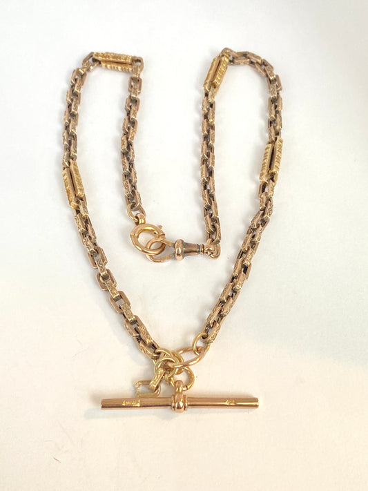 16.5 inch, 9ct Gold Antique Anchor Chain with T bar, Dog Clip, Bolt Ring and Yellow Gold rectangle spacers (17.80g)