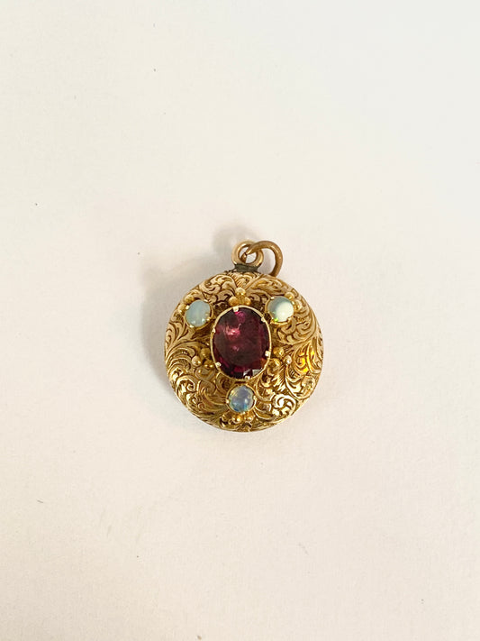 Antique, 15ct Gold, Almandine Garnet and Opal Engraved Locket backed pendant