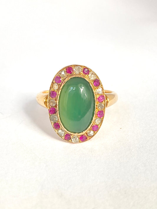 Vintage 18ct Gold Chrysoprase, Diamond and Ruby Cluster Ring