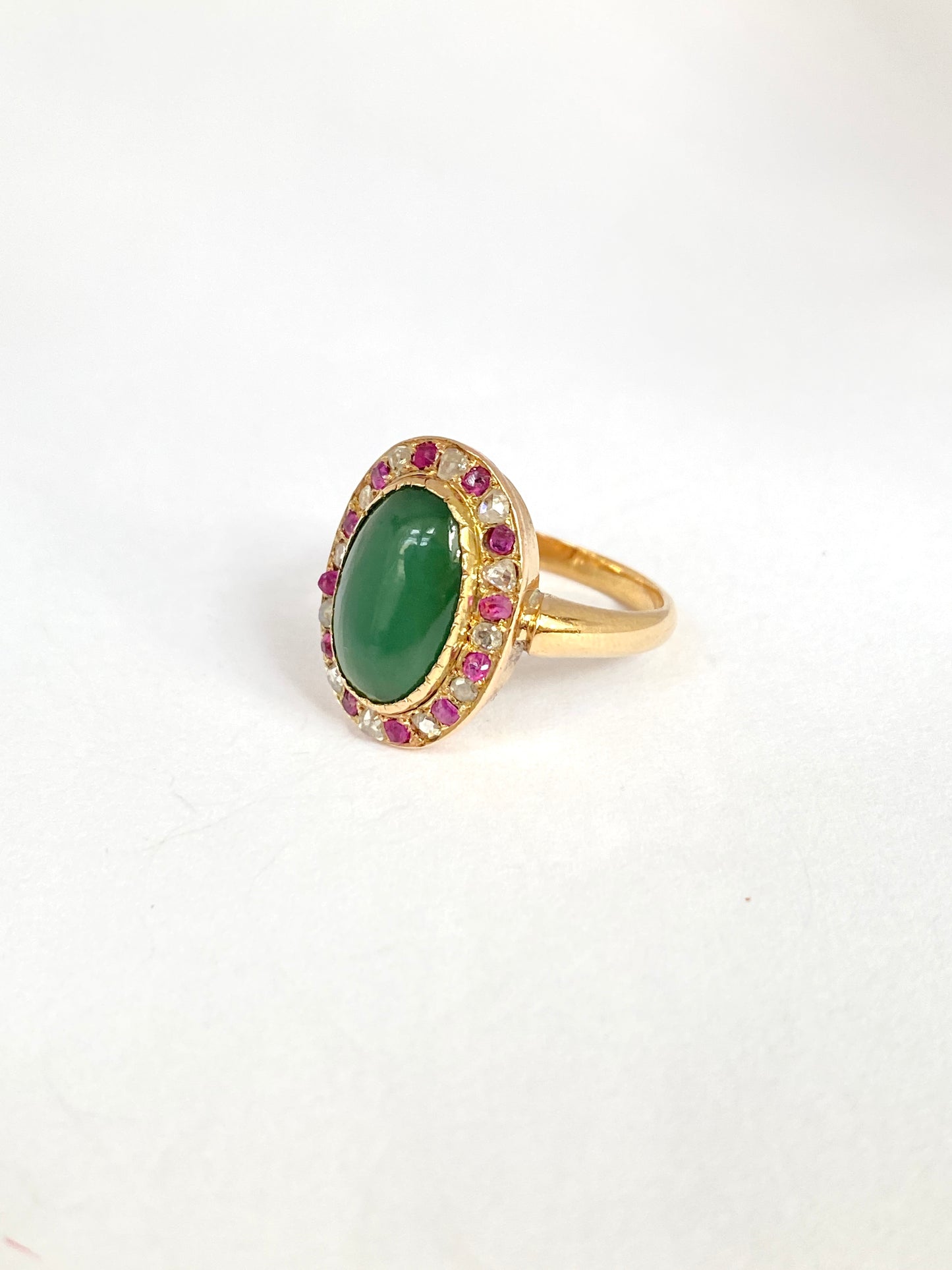 Vintage 18ct Gold Chrysoprase, Diamond and Ruby Cluster Ring