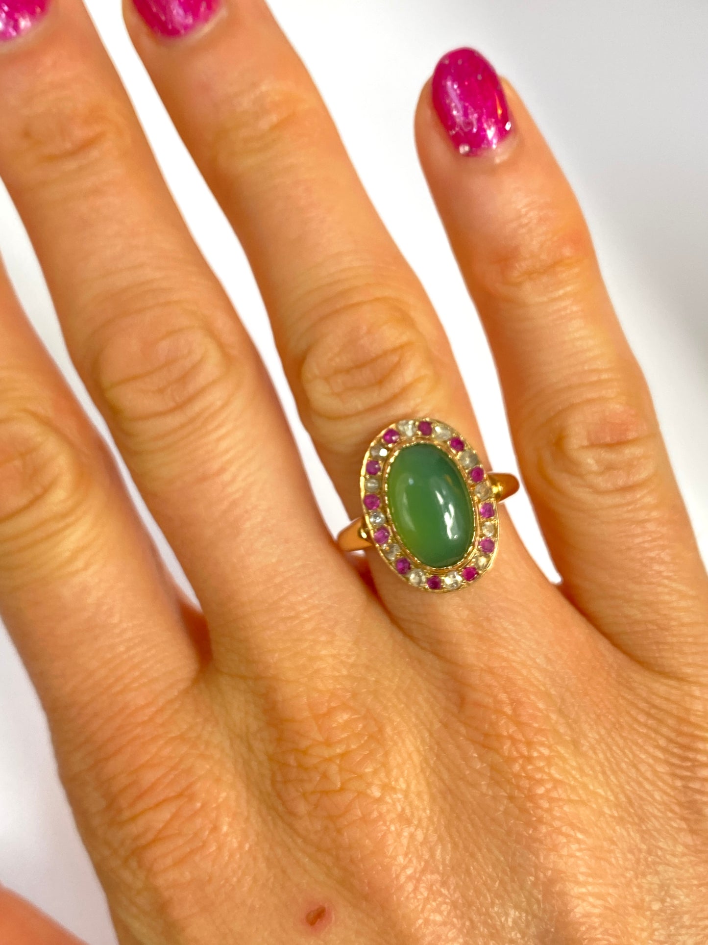 Vintage 18ct Gold Chrysoprase, Diamond and Ruby Cluster Ring