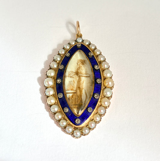 Georgian, 15ct Gold, Mourning Sepia Miniature Pendant with Diamonds and Pearls