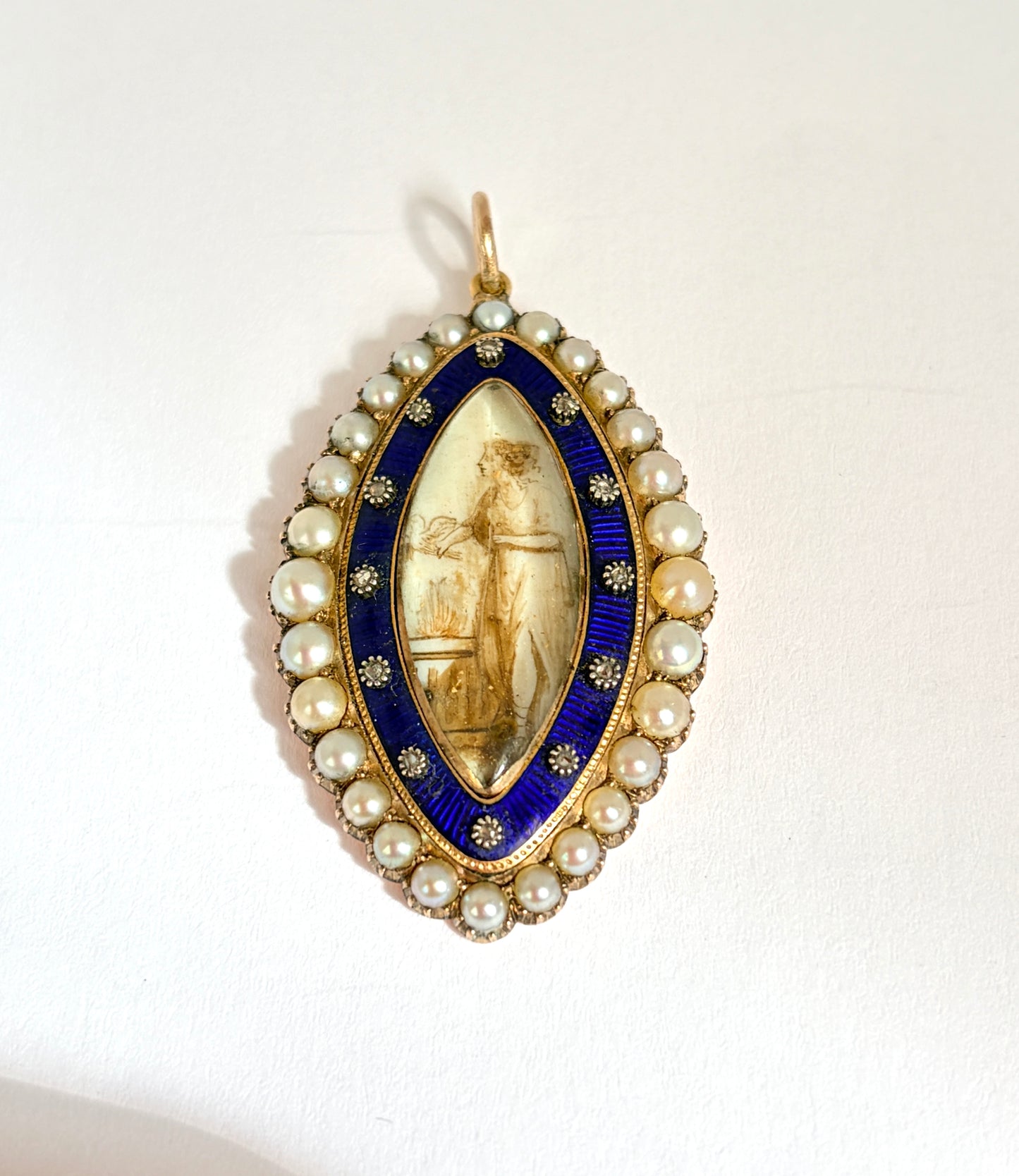 Georgian, 15ct Gold, Mourning Sepia Miniature Pendant with Diamonds and Pearls