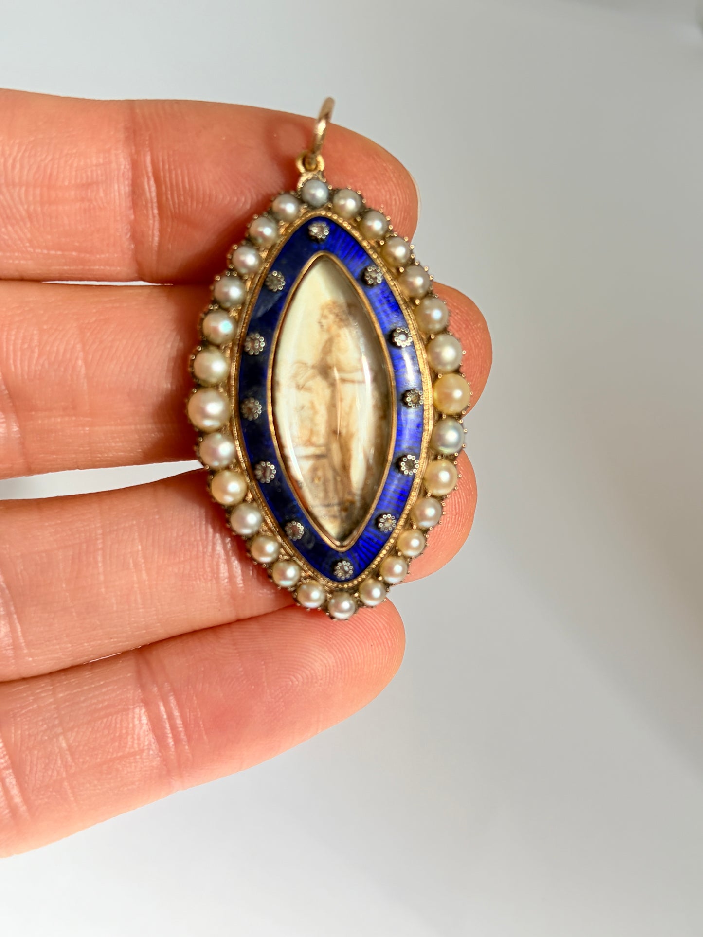 Georgian, 15ct Gold, Mourning Sepia Miniature Pendant with Diamonds and Pearls