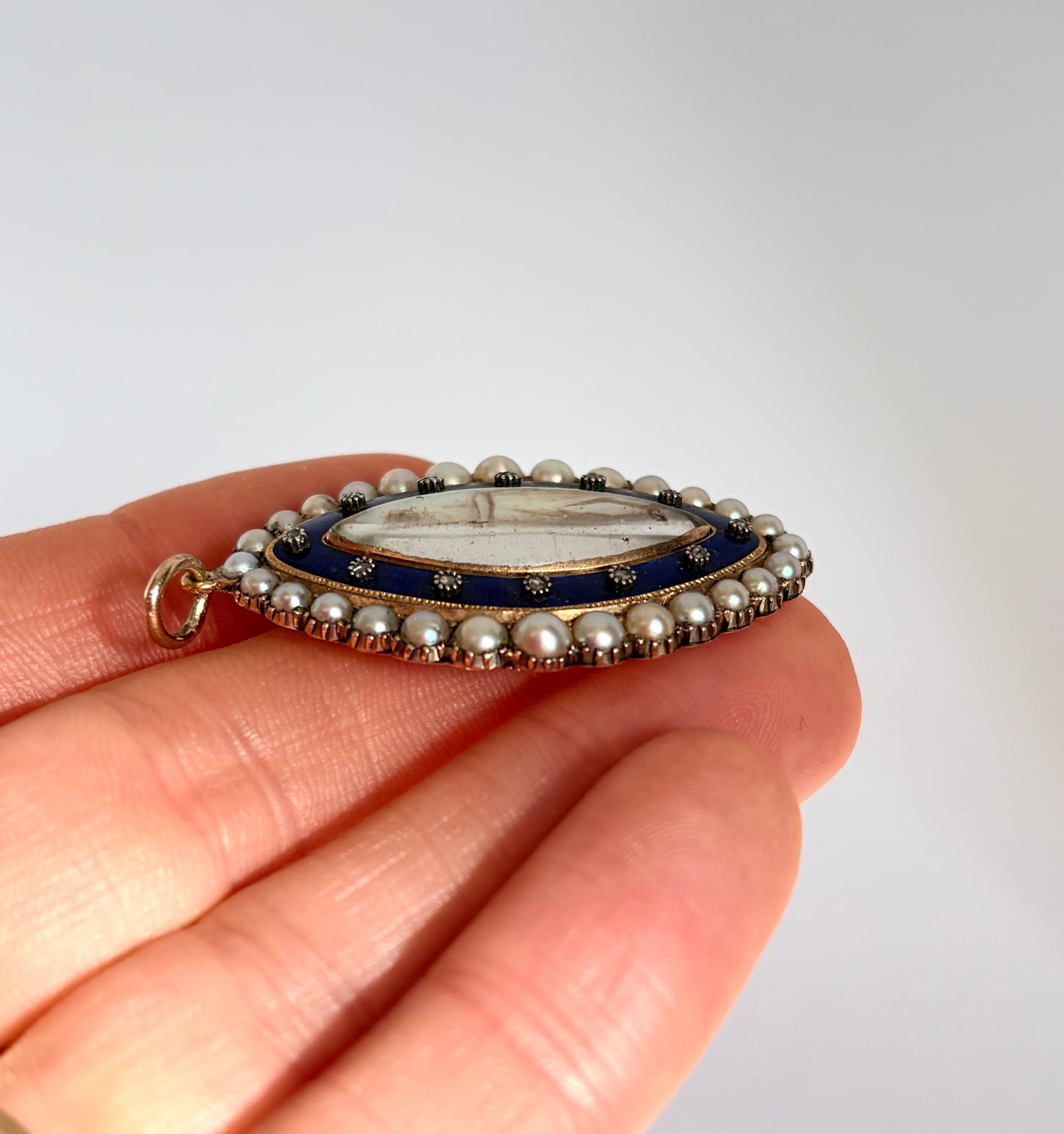 Georgian, 15ct Gold, Mourning Sepia Miniature Pendant with Diamonds and Pearls