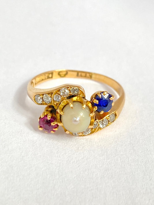 Vintage Pearl, Ruby, Sapphire and Diamond Ring, Hallmarked, 18ct Gold and Sweden