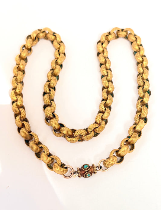 Rare, Georgian, 16 inch, Pinchbeck Fancy Link Chain with 15ct Gold and Turqouise Clasp, 32g