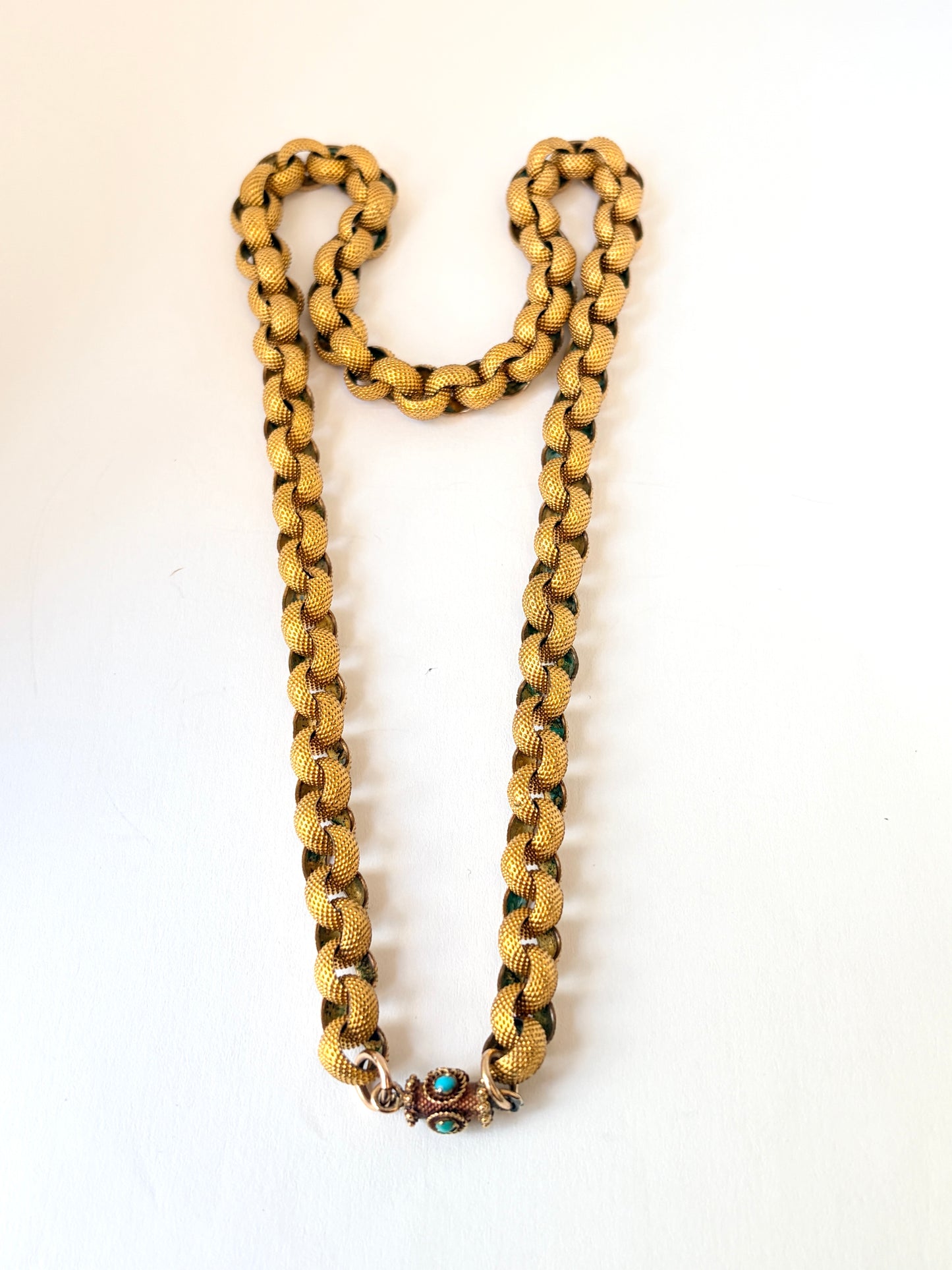 Rare, Georgian, 16 inch, Pinchbeck Fancy Link Chain with 15ct Gold and Turqouise Clasp, 32g