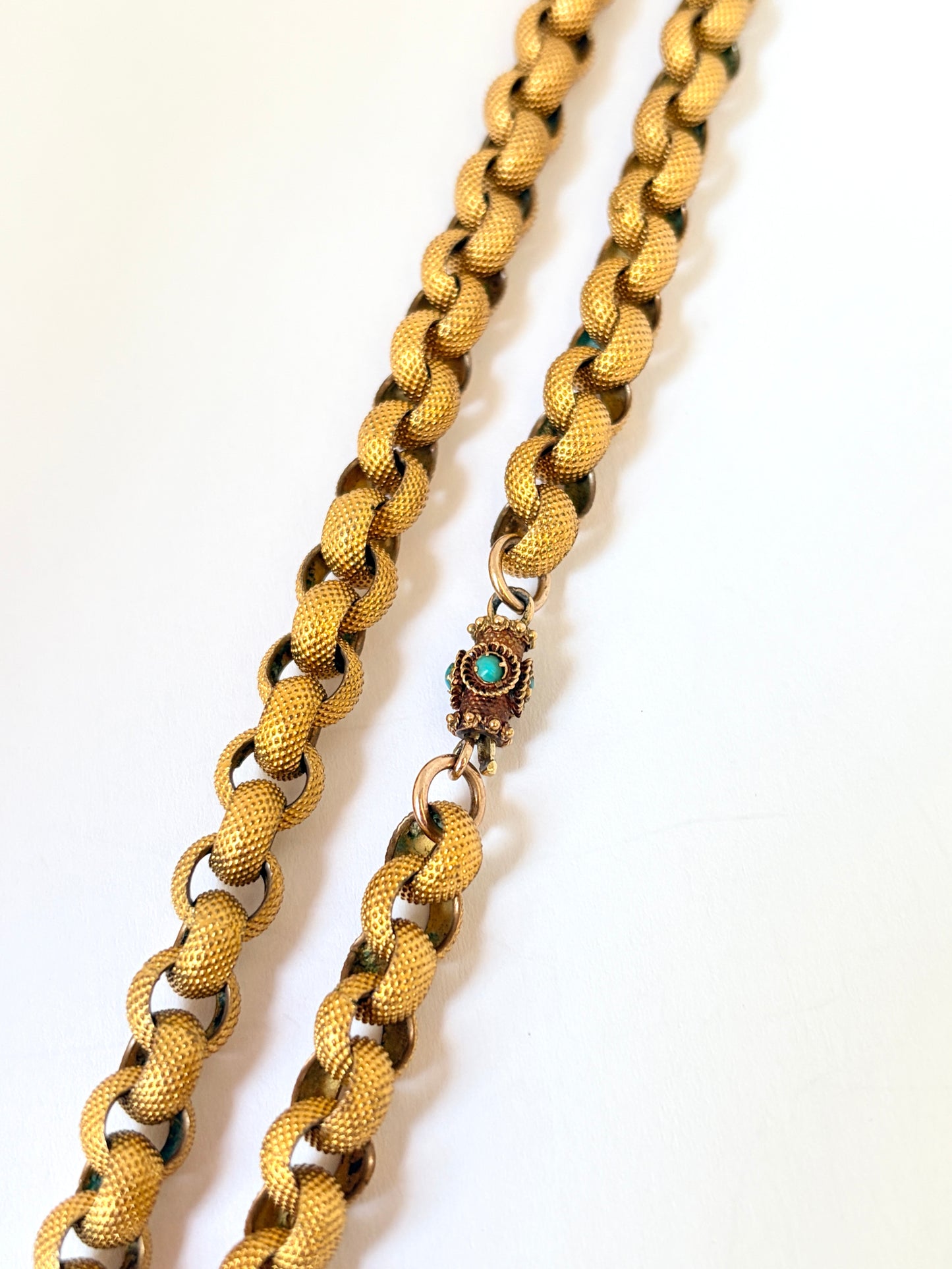 Rare, Georgian, 16 inch, Pinchbeck Fancy Link Chain with 15ct Gold and Turqouise Clasp, 32g