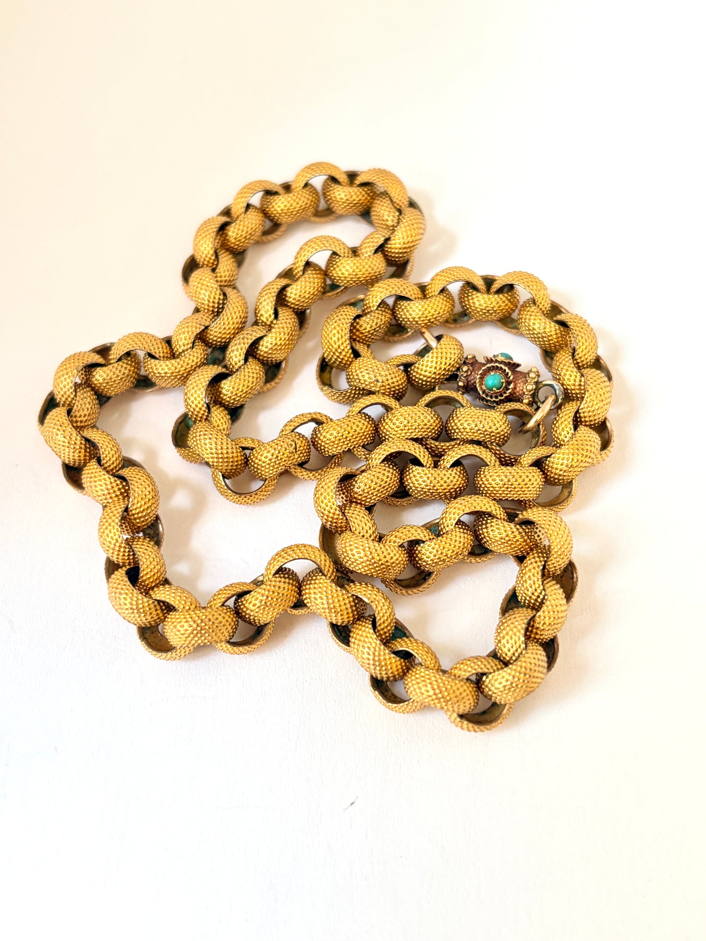 Rare, Georgian, 16 inch, Pinchbeck Fancy Link Chain with 15ct Gold and Turqouise Clasp, 32g