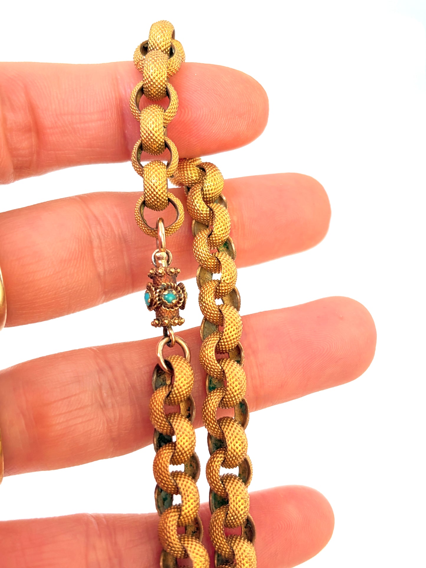 Rare, Georgian, 16 inch, Pinchbeck Fancy Link Chain with 15ct Gold and Turqouise Clasp, 32g