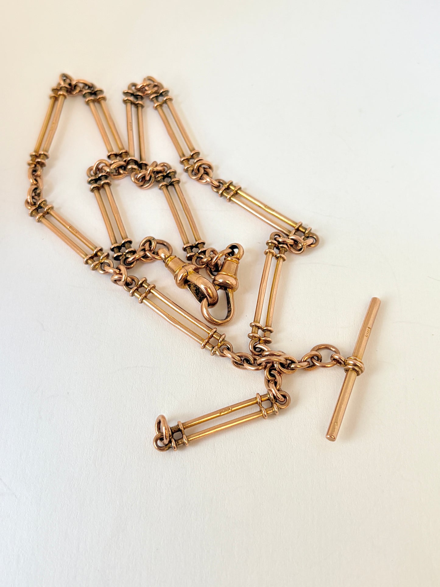 Rare, 16 inch, 9ct Gold Antique Trombone FetterLink Watch Chain (20.28g)