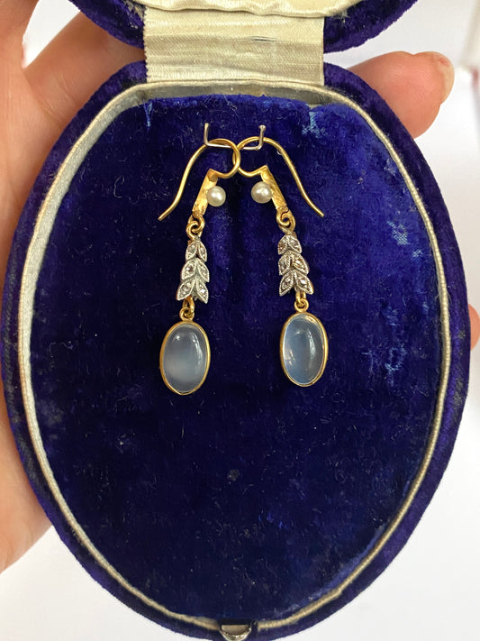 Vintage, 9ct Gold Moonstone and diamond drop earrings