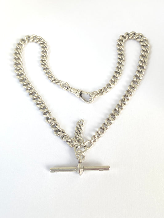 Hallmarked, 15.5 inch  Silver Antique Watch Chain with T bar, and  Dog Clip (42g)