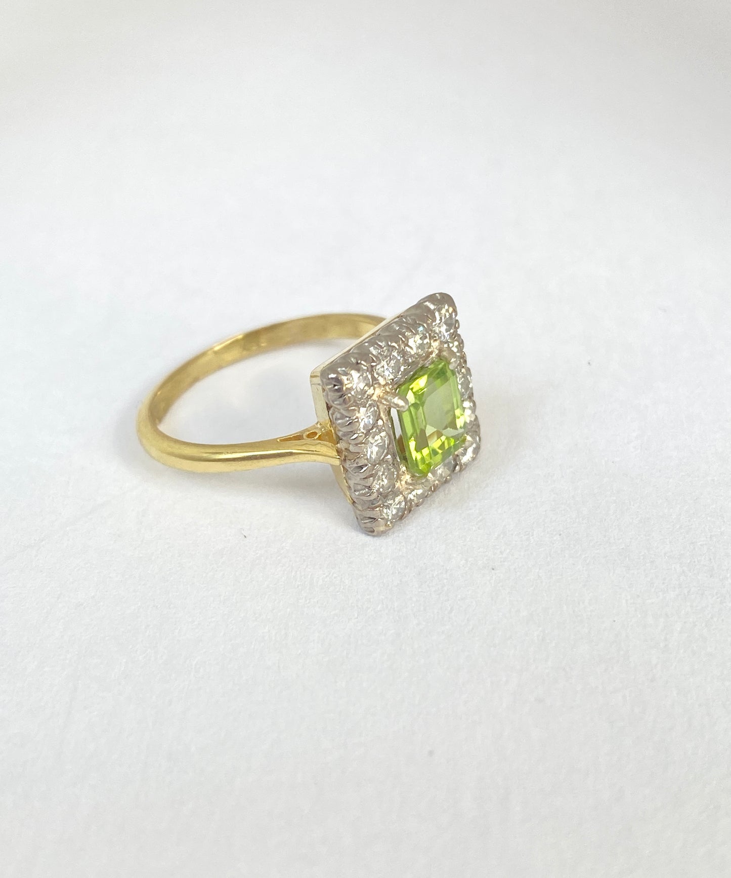 Vintage, 18ct Gold, Peridot and Diamond Square Ring