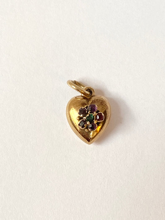 Antique, 9ct Gold Emerald, Ruby and Almandine Garnet Puffy Heart Pendant/Charm