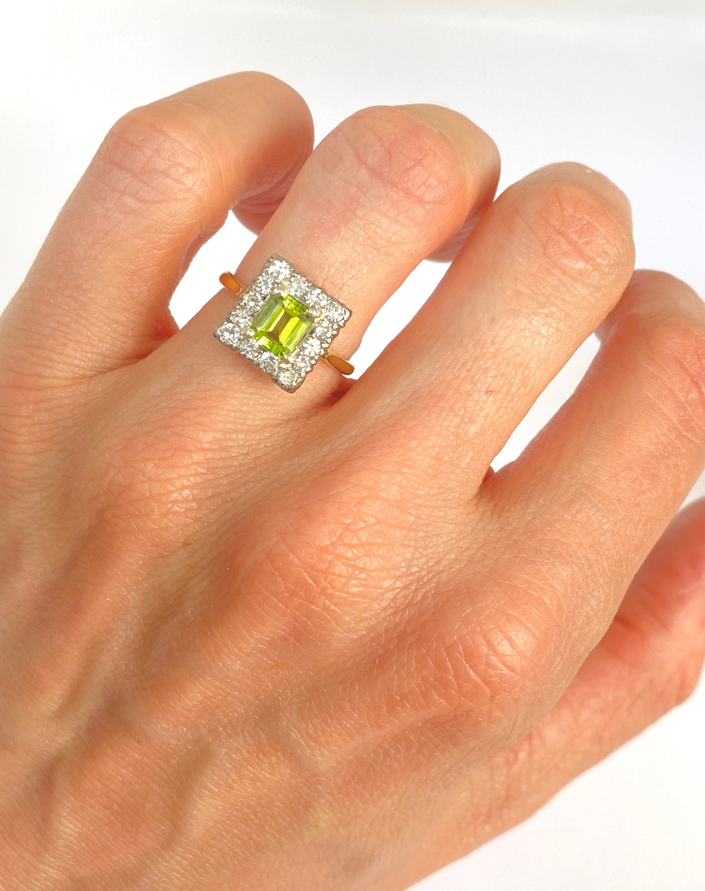 Vintage, 18ct Gold, Peridot and Diamond Square Ring