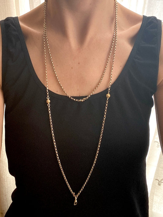 56 inch, Antique, 9ct Gold Victorian Long Guard Ball Chain with Dog Clip, 19.18g.
