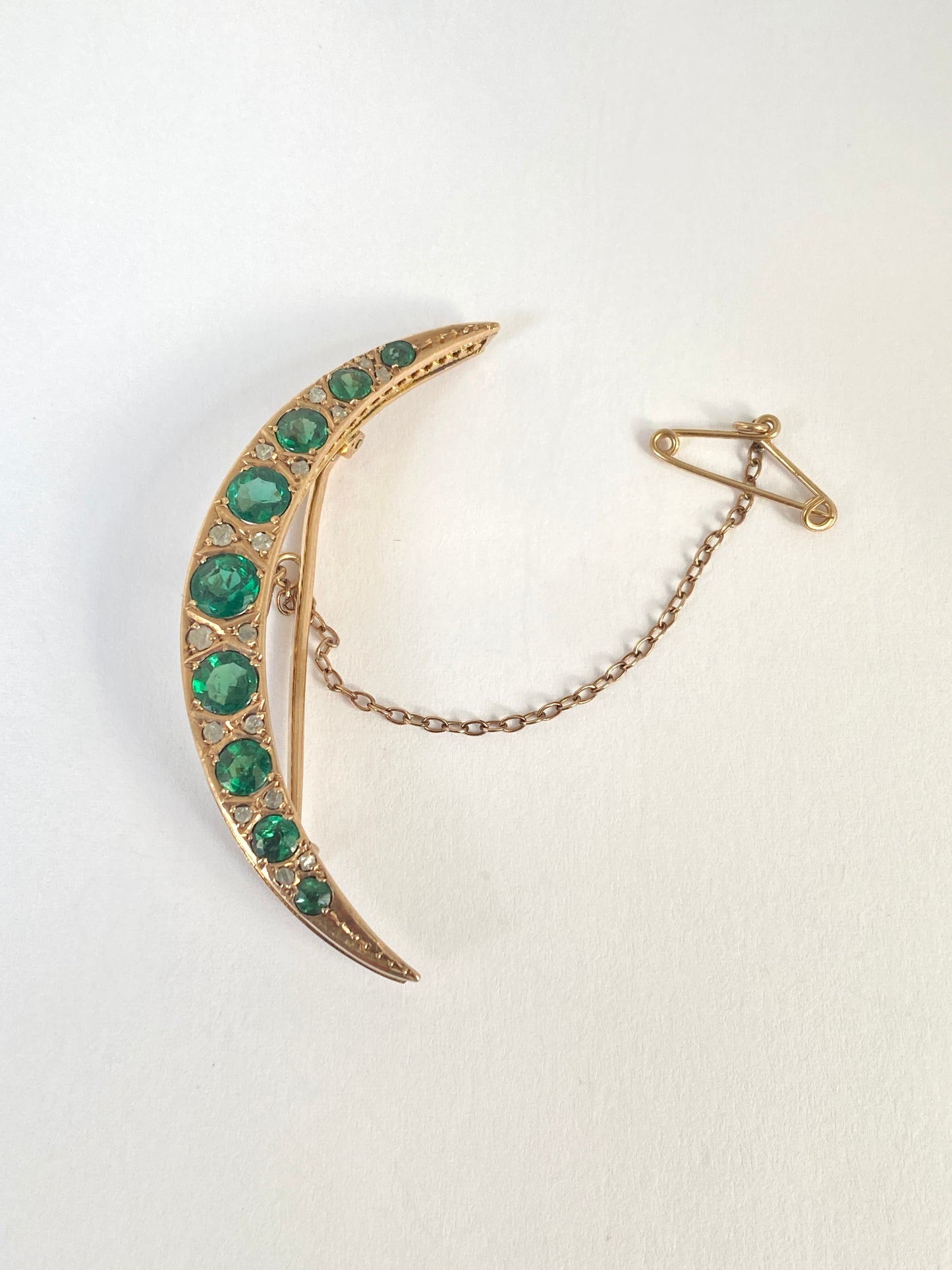 Vintage, 9ct Gold Emerald and Diamond Paste Crescent Moon Brooch