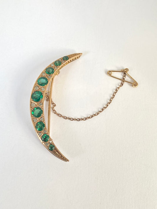 Vintage, 9ct Gold Emerald and Diamond Paste Crescent Moon Brooch