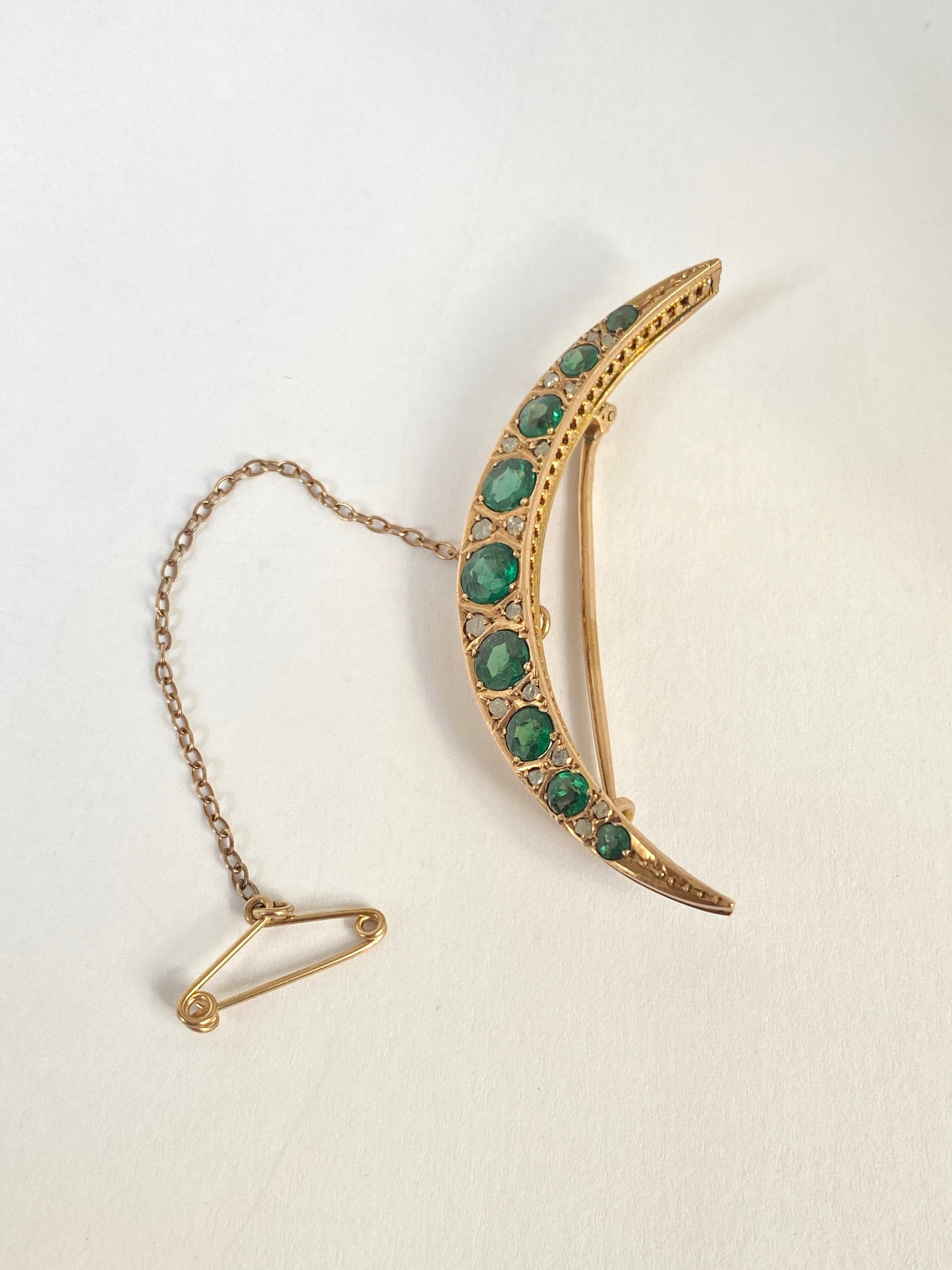 Vintage, 9ct Gold Emerald and Diamond Paste Crescent Moon Brooch