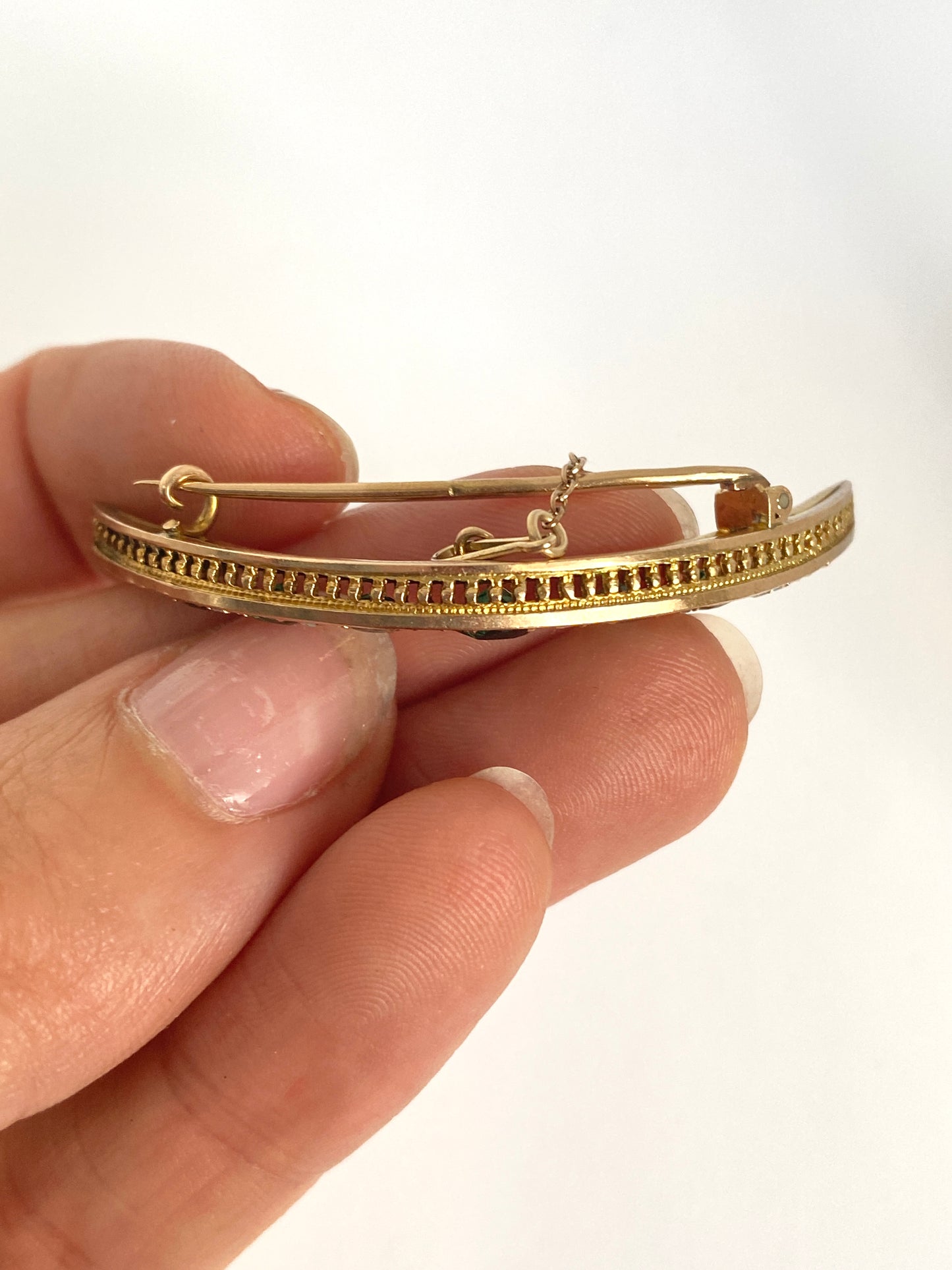 Vintage, 9ct Gold Emerald and Diamond Paste Crescent Moon Brooch