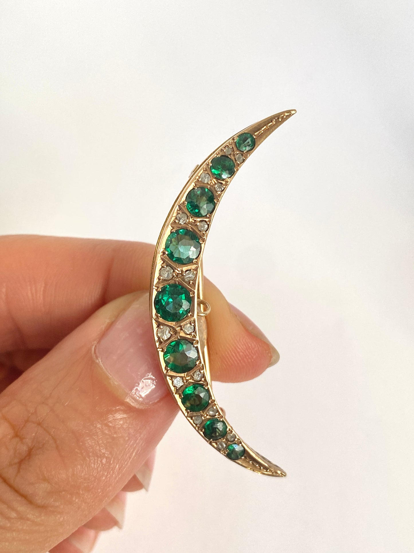 Vintage, 9ct Gold Emerald and Diamond Paste Crescent Moon Brooch