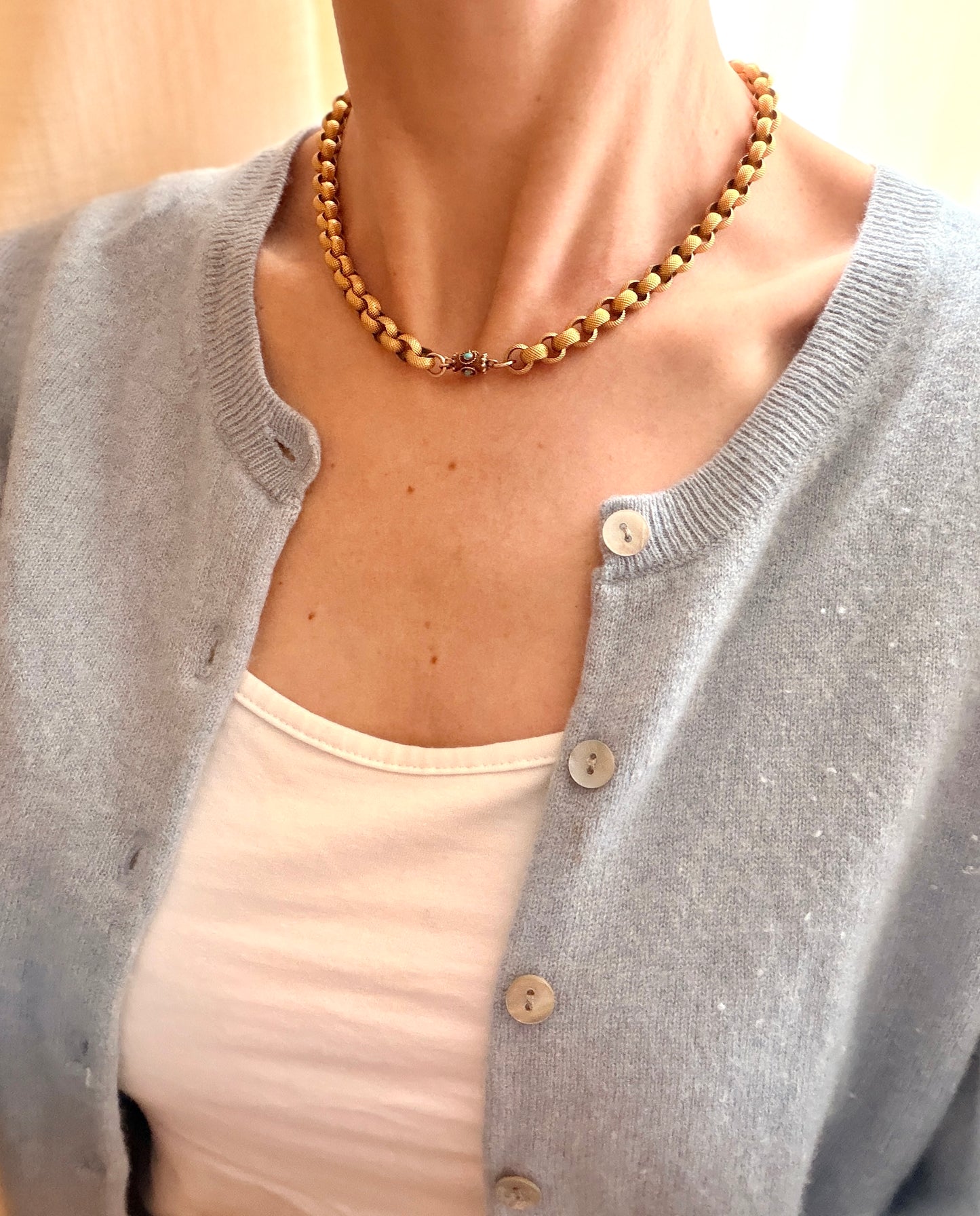 Rare, Georgian, 16 inch, Pinchbeck Fancy Link Chain with 15ct Gold and Turqouise Clasp, 32g