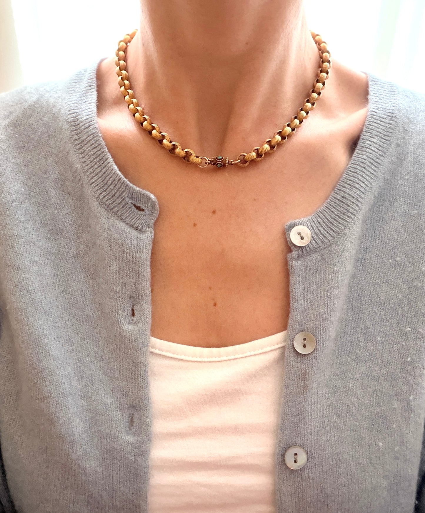 Rare, Georgian, 16 inch, Pinchbeck Fancy Link Chain with 15ct Gold and Turqouise Clasp, 32g