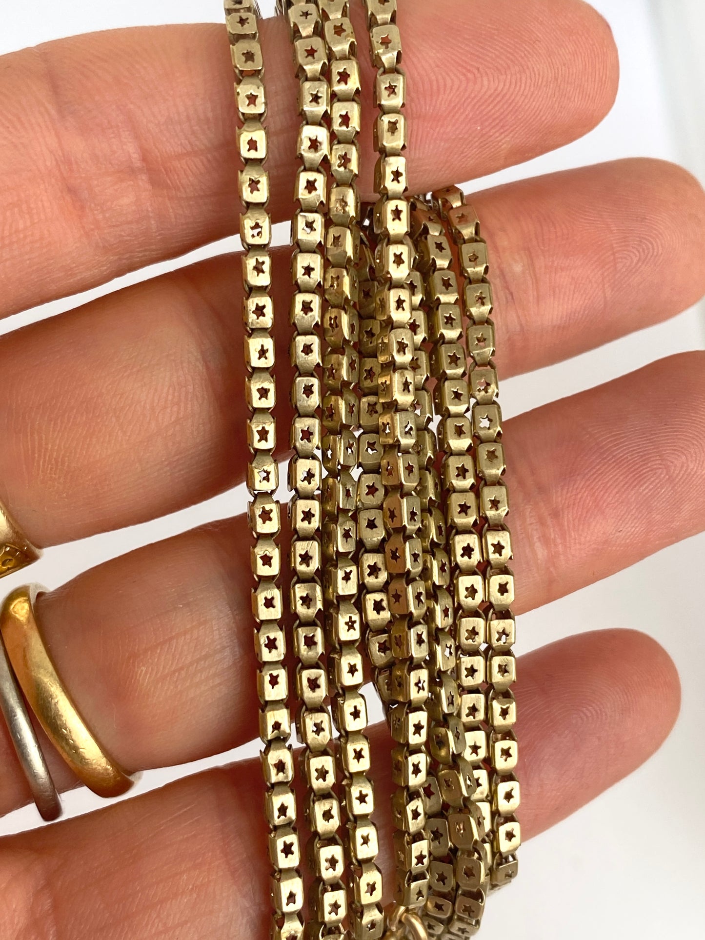 Antique, Pinchbeck Victorian Pierced Link Long Guard chain 52 inches, 22.19g