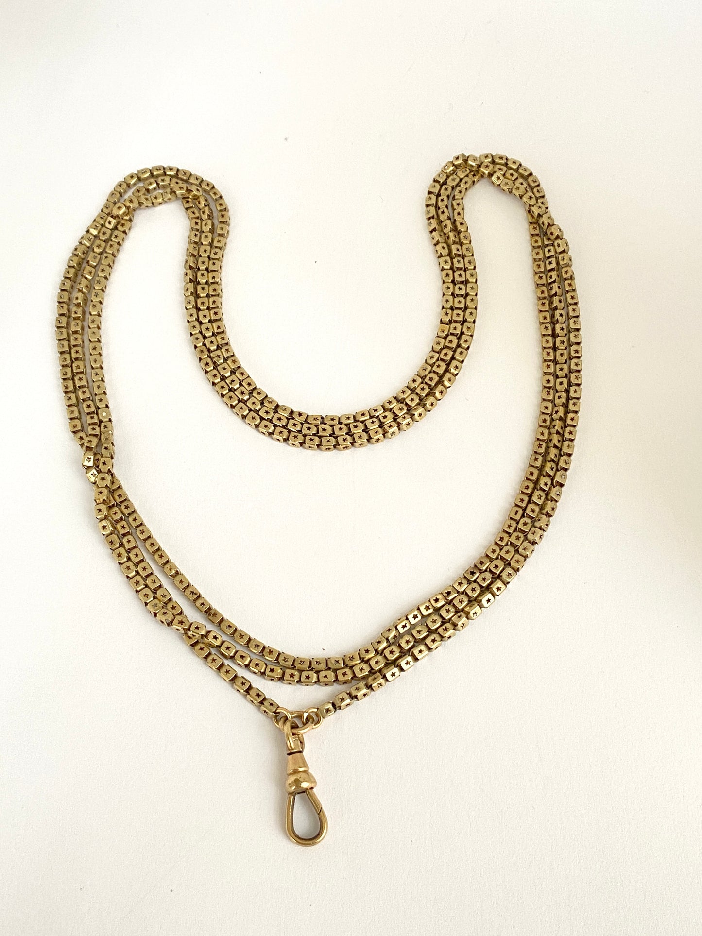 Antique, Pinchbeck Victorian Pierced Link Long Guard chain 52 inches, 22.19g