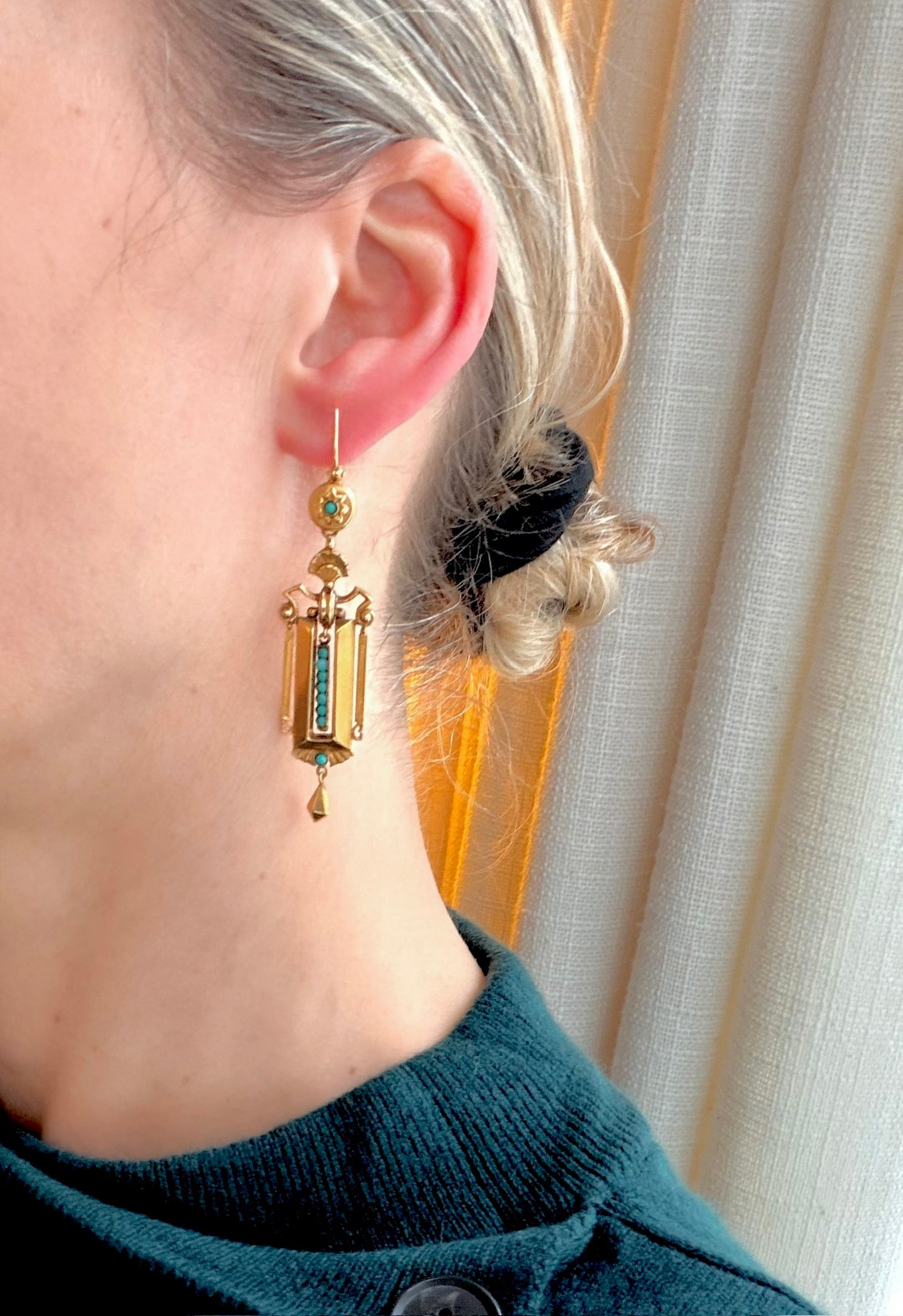 Victorian 15ct Gold and Turquoise Etruscuan Style Drop Earrings