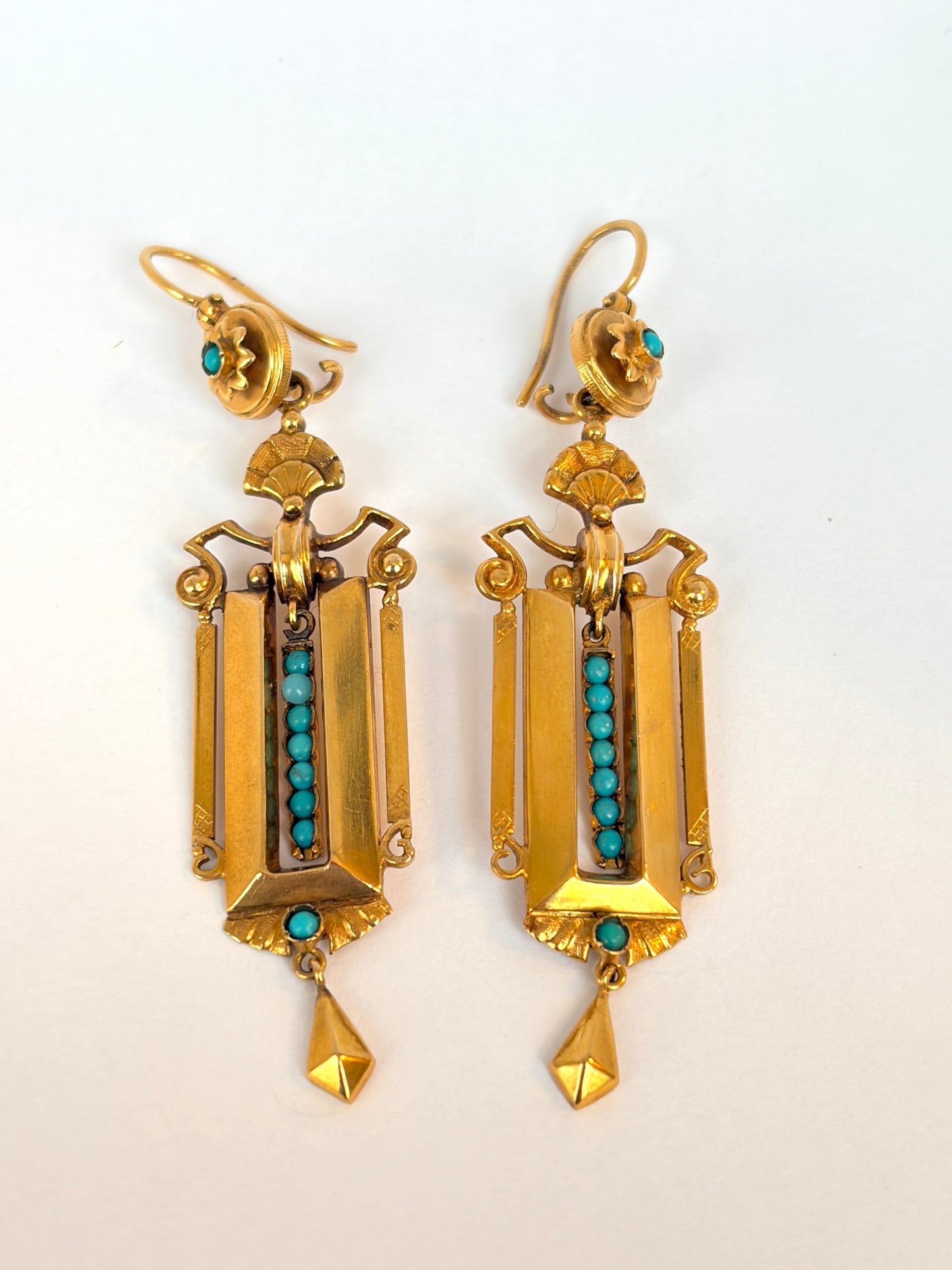 Victorian 15ct Gold and Turquoise Etruscuan Style Drop Earrings