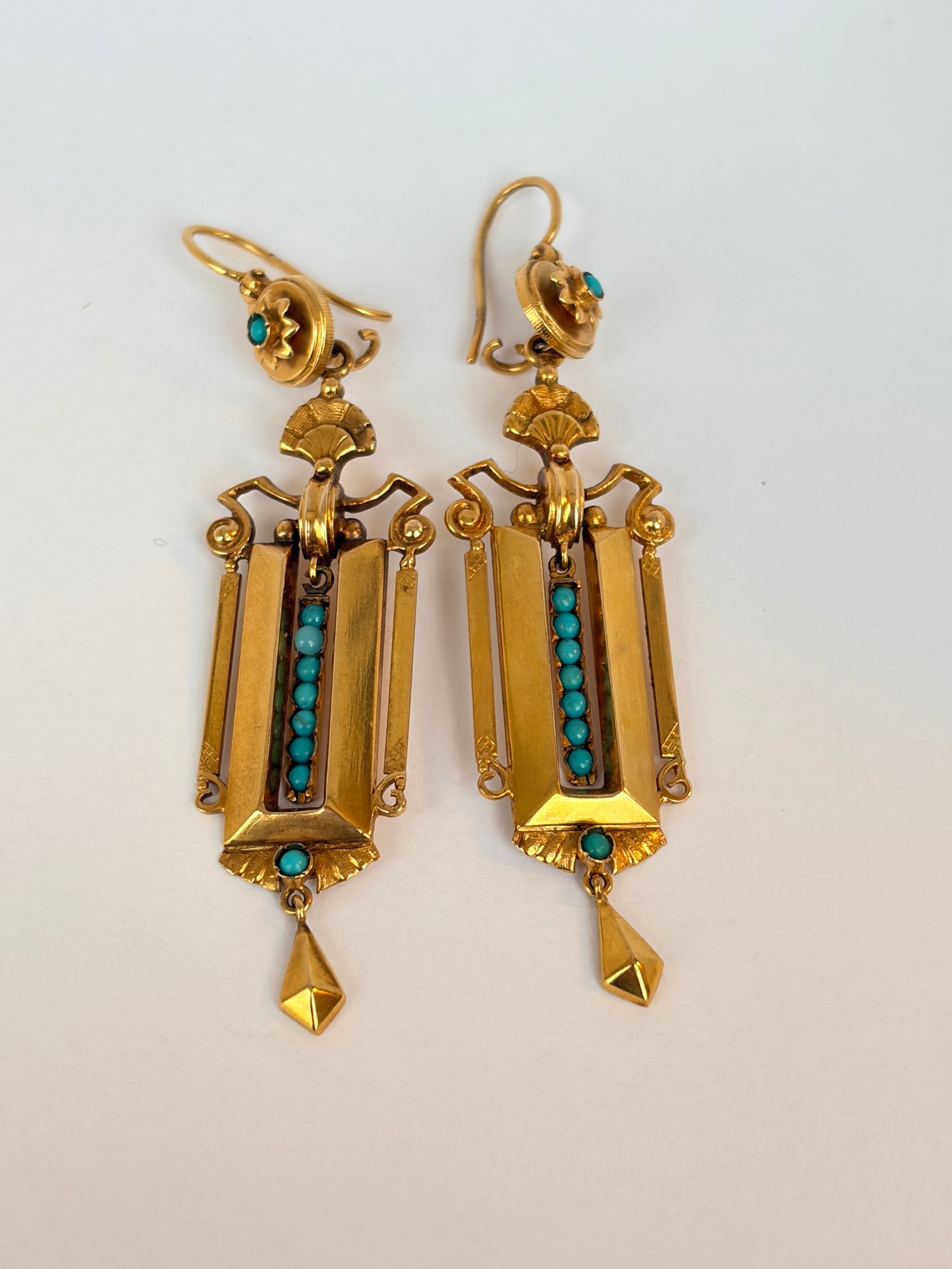 Victorian 15ct Gold and Turquoise Etruscuan Style Drop Earrings