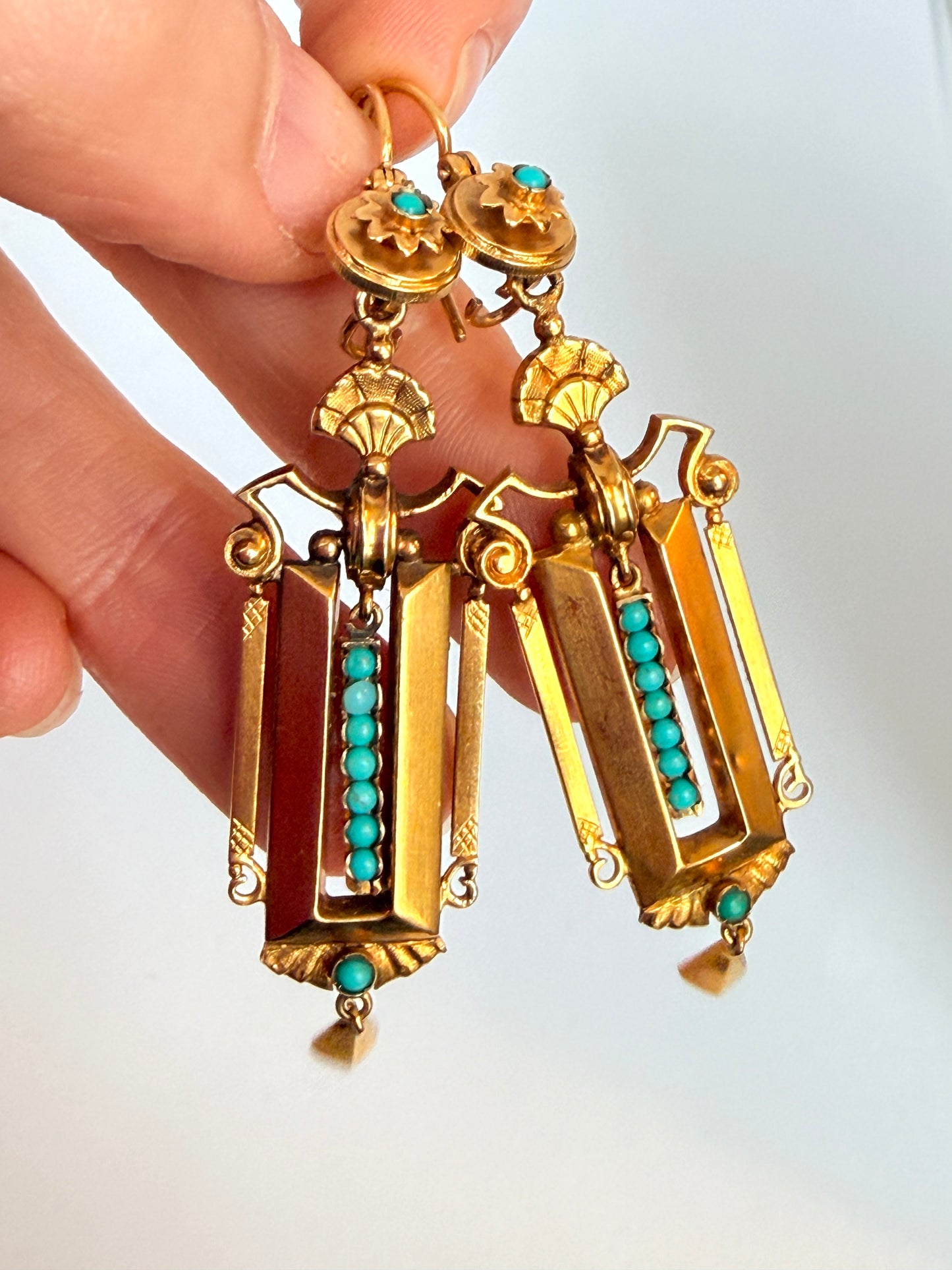 Victorian 15ct Gold and Turquoise Etruscuan Style Drop Earrings