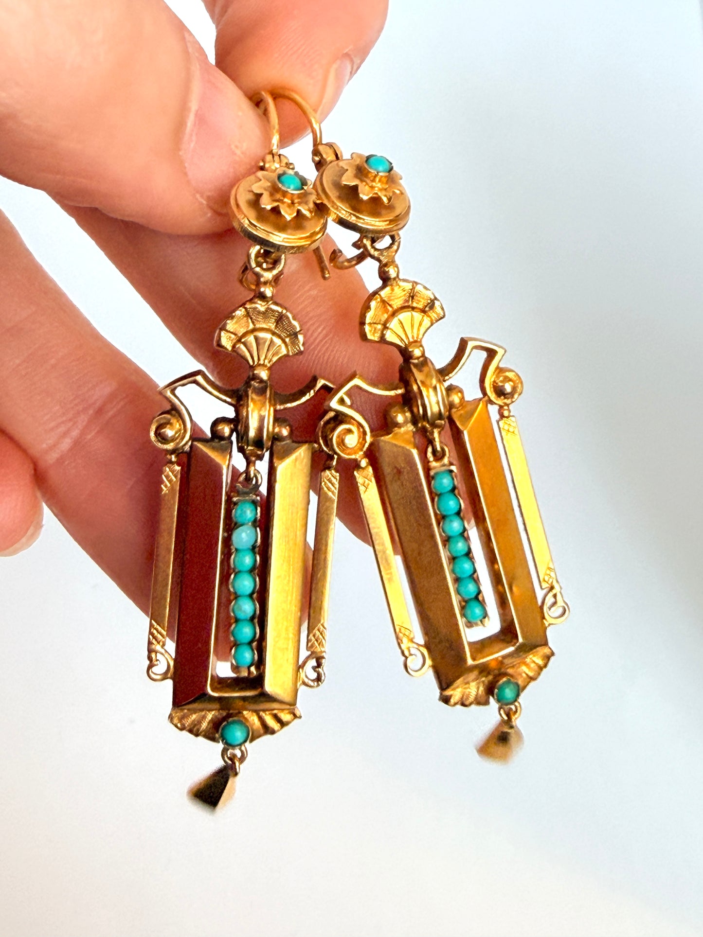 Victorian 15ct Gold and Turquoise Etruscuan Style Drop Earrings
