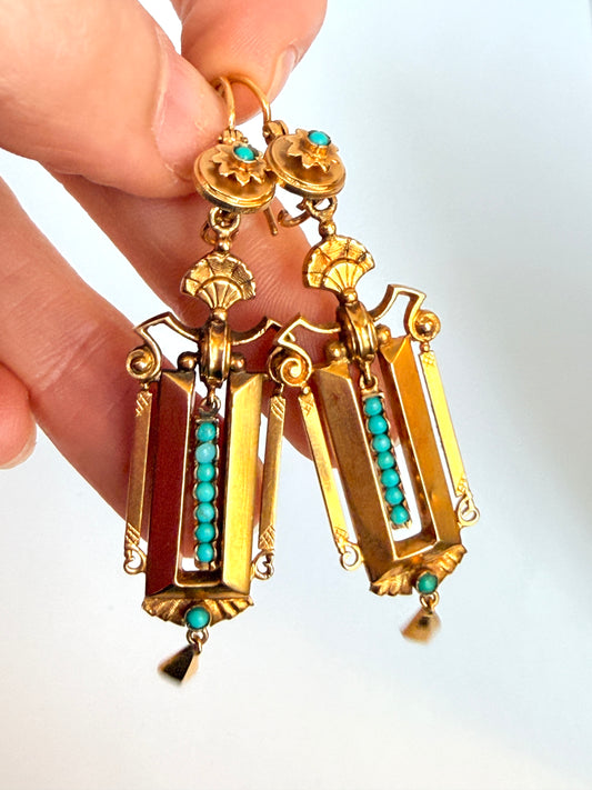 Victorian 15ct Gold and Turquoise Etruscuan Style Drop Earrings