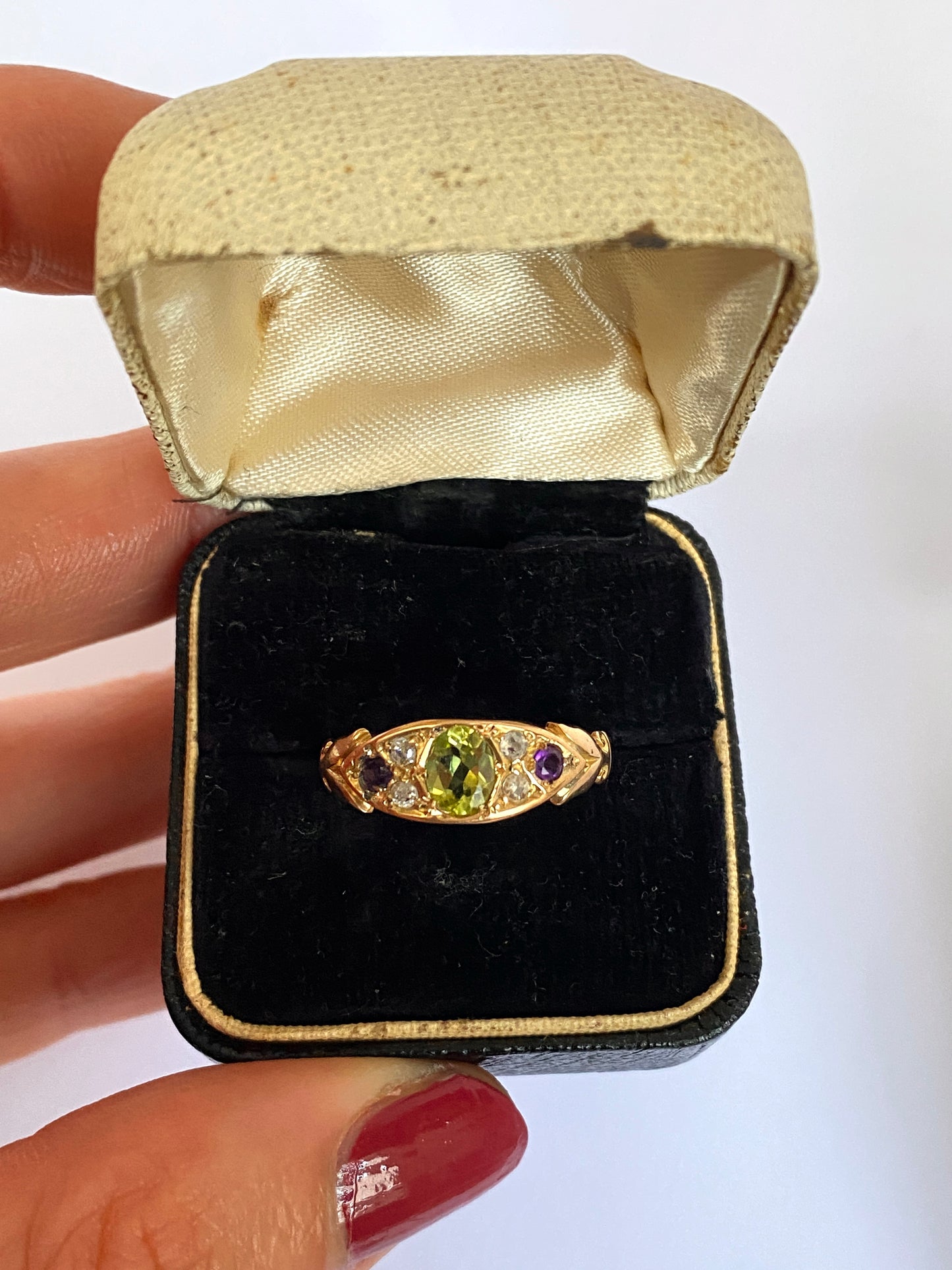 18ct Gold, Vintage Suffragette Ring, (Amethyst, Peridot and Diamond)